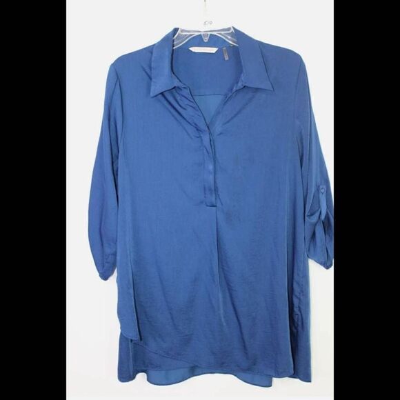 Soft Surroundings Womens M Blue Front Flap V-neck Roll Tabs Back Pleats Blouse. - Picture 1 of 7